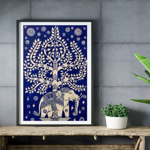 May include: A framed print of a blue and white illustration of a tree with an elephant standing beneath it. The tree has many branches and leaves, and the elephant is decorated with intricate patterns. The background is a dark blue color.