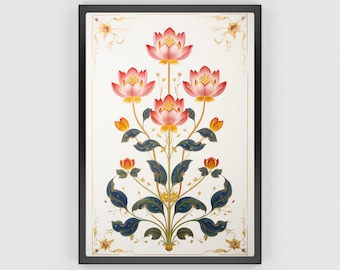 Indian Folk Art, Indian Prints, Indian Wall Decor, Indian Vintage Art, Pichwai Painting, Digital Printable Poster, Pichwai Lotus Indian Art