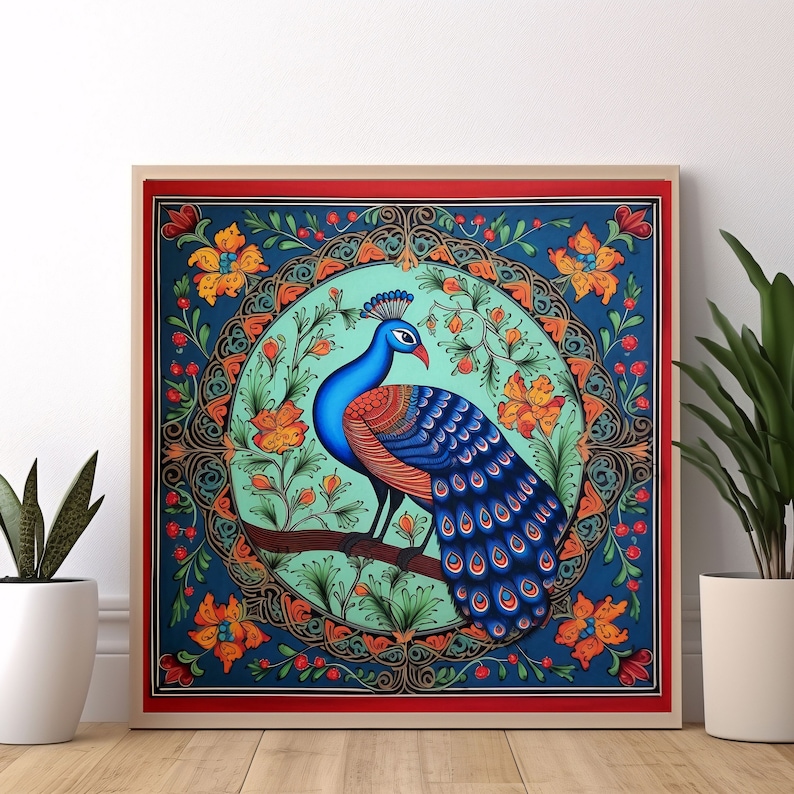 May include: A blue and green peacock with a long tail of blue and green feathers is depicted in a circular frame with a floral design. The frame is surrounded by a border of red, orange, and yellow flowers.