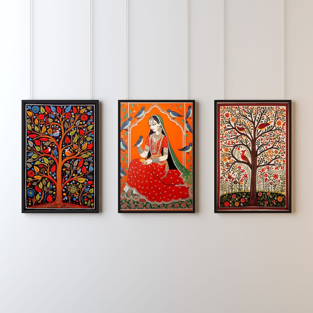 Madhubani Painting, Tree of Life Set of 3, Indian Wall Art Print ...