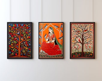 Madhubani Painting, Tree of Life Set of 3, Indian Wall Art Print, Indian Painting, Indian Digital Folk Art, Indian Traditional Madhubani Art