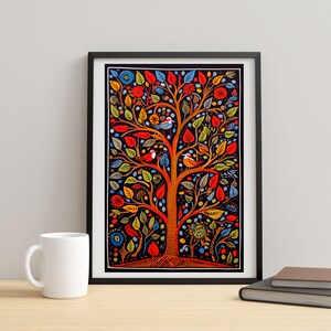 May include: A framed print of a colorful tree with red, orange, yellow, green, and blue leaves. The tree is surrounded by small birds and flowers. The background is black.