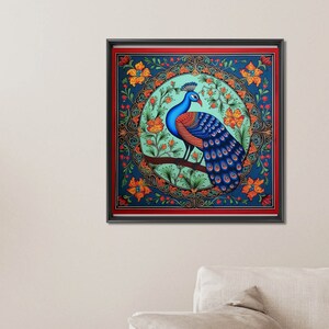 May include: A framed illustration of a peacock with blue and green feathers standing on a branch with red and orange flowers. The peacock is surrounded by a decorative border with gold accents.