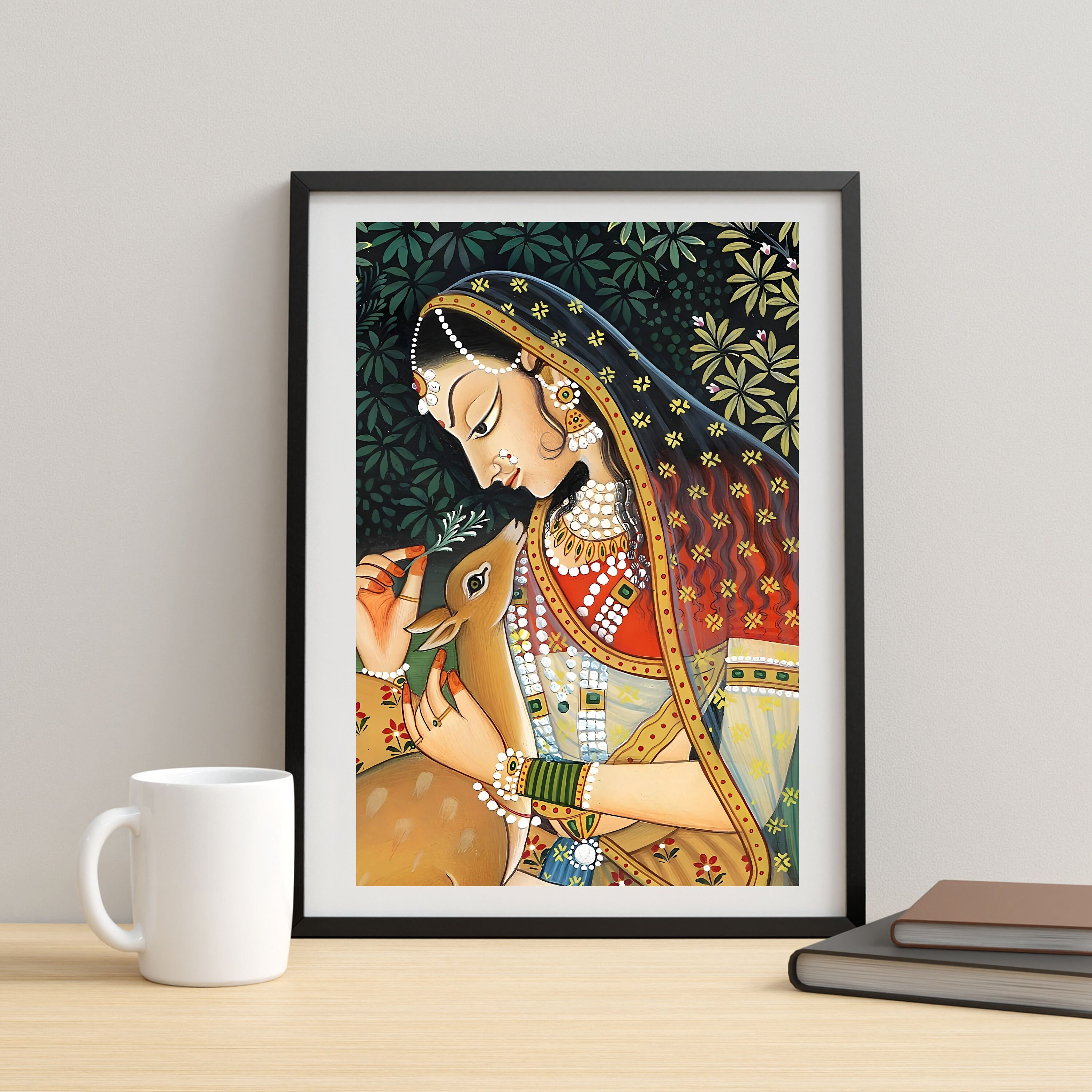 Indian Folk Art, Royal Princess With Deer, Mughal Art, Indian Royal ...