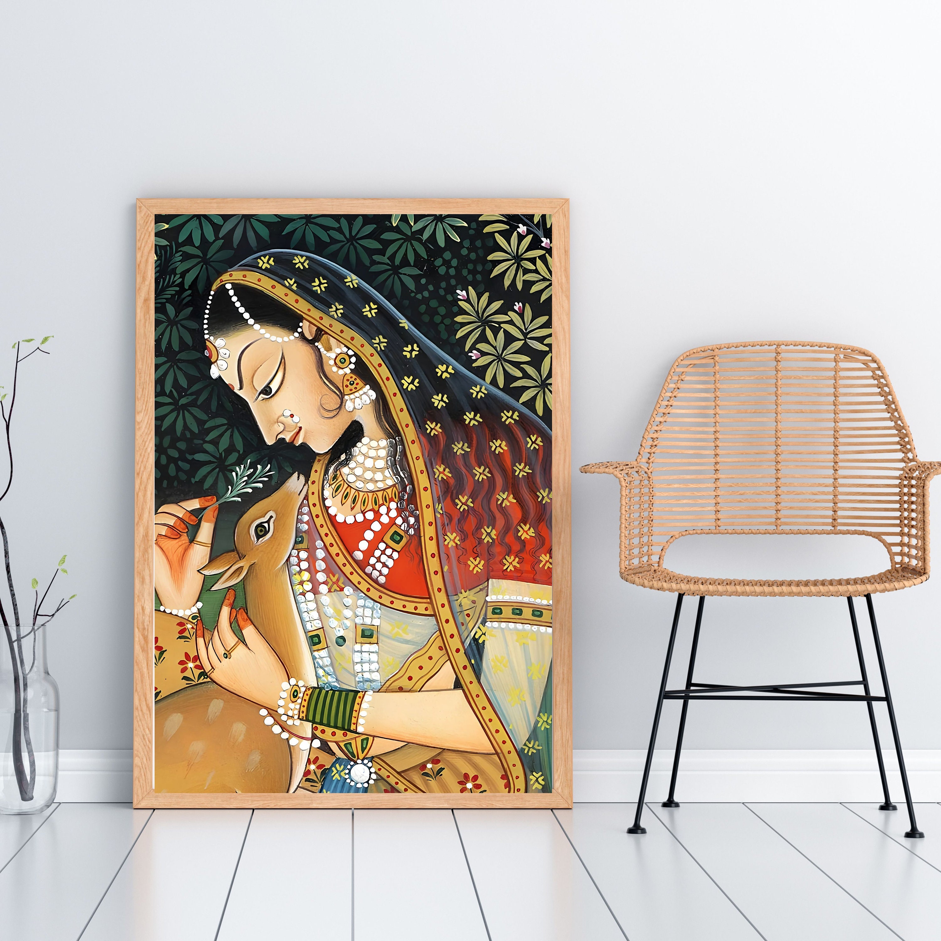 Indian Folk Art, Royal Princess With Deer, Mughal Art, Indian Royal ...