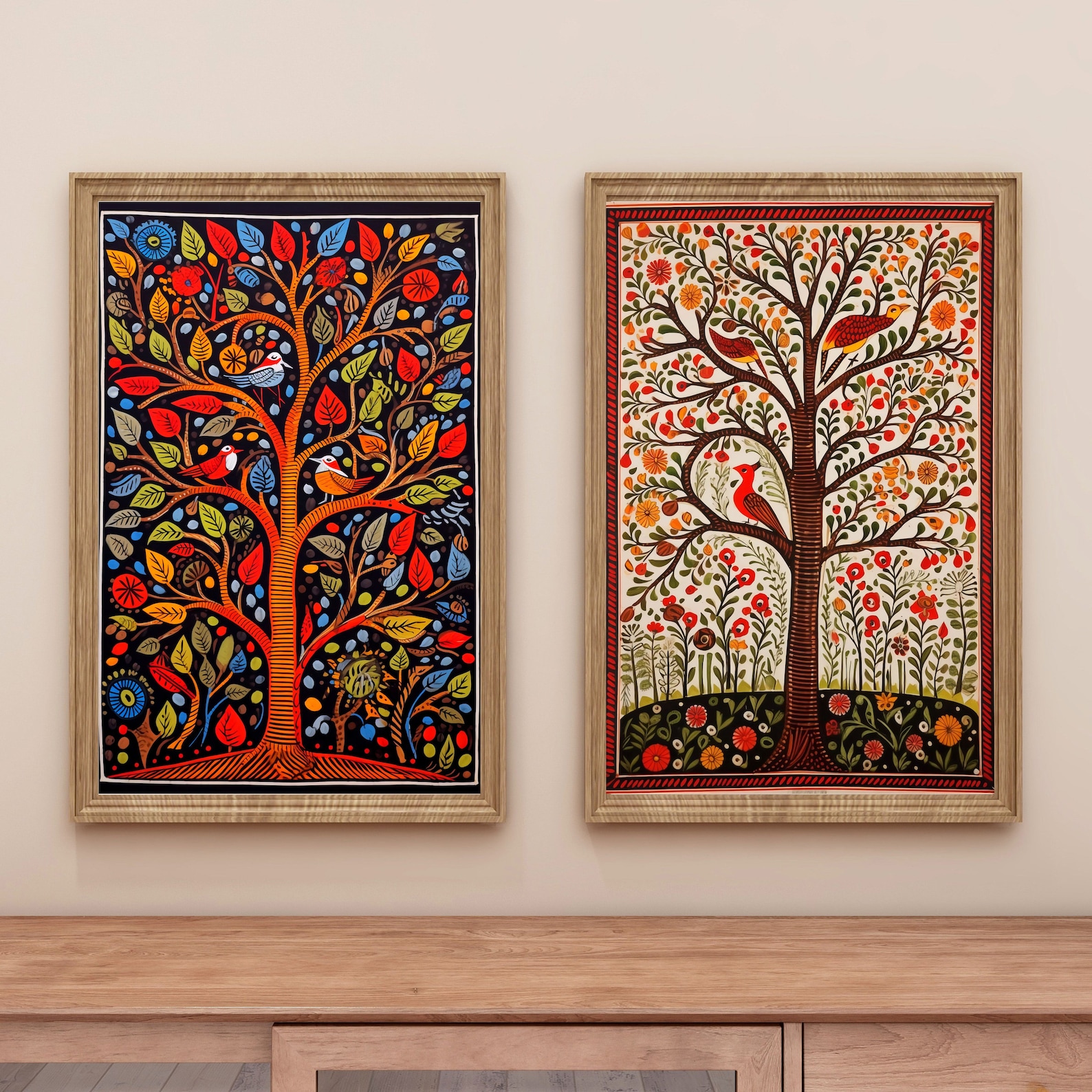 Buy Madhubani Painting, Tree of Life , Set of 2, Indian Wall Art Print ...