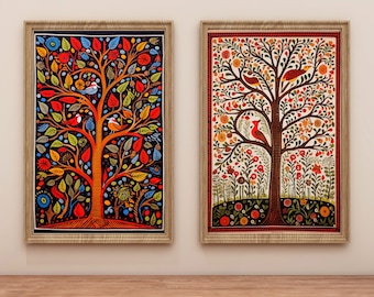 Madhubani Painting, Tree of Life , Set of 2, Indian Wall Art Print, Indian Painting, Indian Digital Folk Art, Indian Traditional Mithila Art