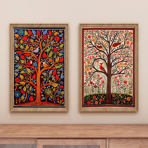 Madhubani Painting, Tree of Life , Set of 2, Indian Wall Art Print, Indian Painting, Indian Digital Folk Art, Indian Traditional Mithila Art