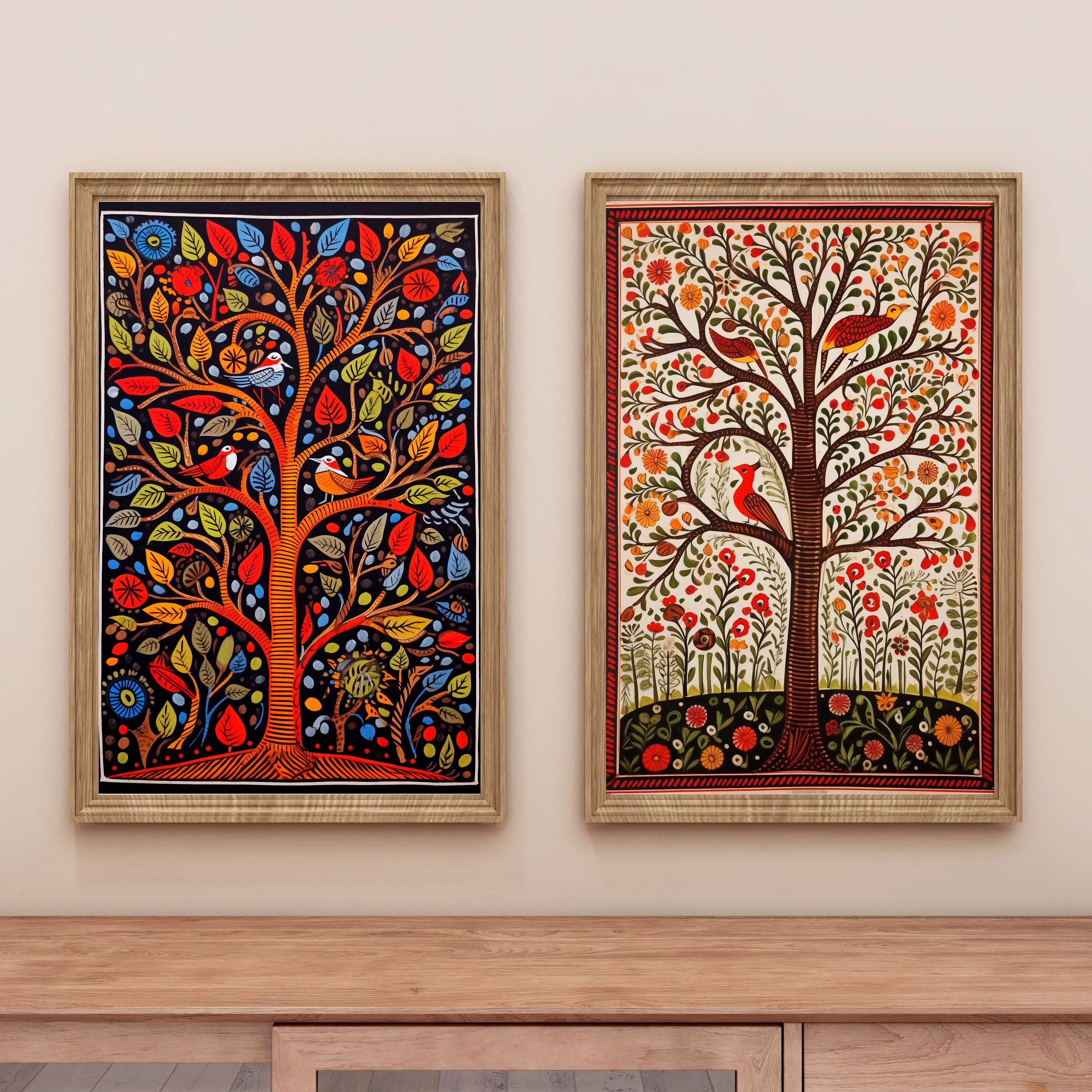 Madhubani Painting, Tree of Life , Set of 2, Indian Wall Art Print ...