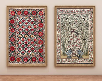 Indian Floral Art Set of 2 Indian Folk Art, Mughal Floral Art, Indian Vintage Art, Pichwai Painting, Mughal Art, Indian Digital Wall Art Set