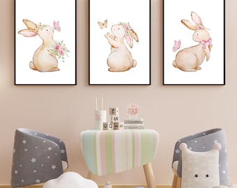 Decorazione della cameretta dei bambini, stampe della camera da letto della ragazza, decorazione della cameretta rosa coniglietto, arte della parete della cameretta, cameretta rosa, stampe della cameretta dei coniglietti botanici per bambini