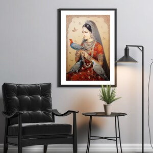 Puede incluir: Una pintura de una mujer con un vestido rojo y dorado con velo, sosteniendo tres p&aacute;jaros. La mujer lleva joyas y tiene una flor en el pelo. El fondo es de color marr&oacute;n claro con un patr&oacute;n floral.