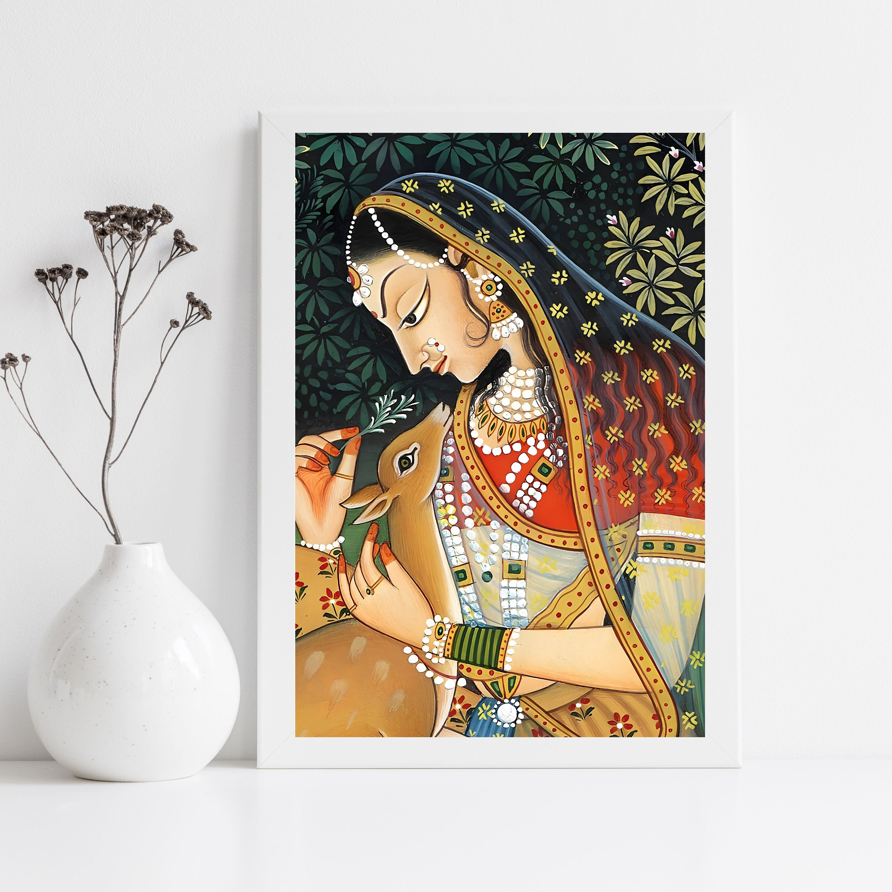 Indian Folk Art, Royal Princess With Deer, Mughal Art, Indian Royal ...