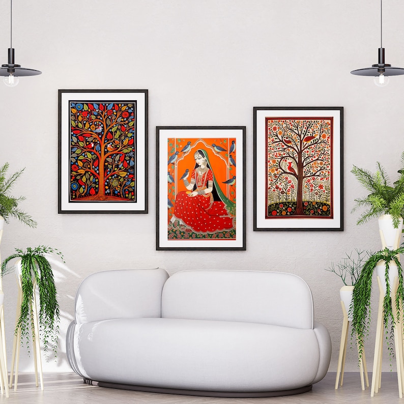 Madhubani Painting, Tree of Life Set of 3, Indian Wall Art Print ...