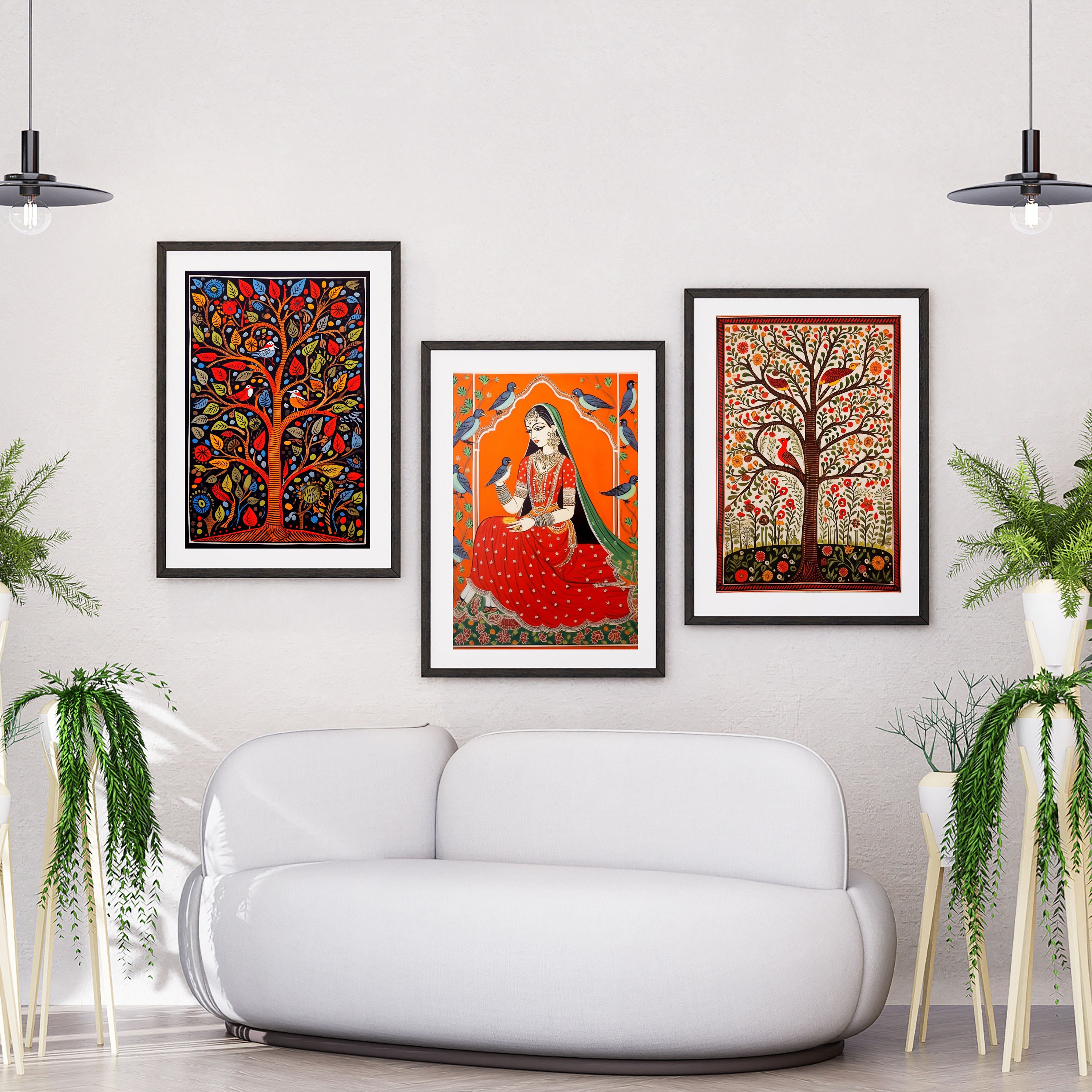 Madhubani Painting, Tree of Life Set of 3, Indian Wall Art Print ...