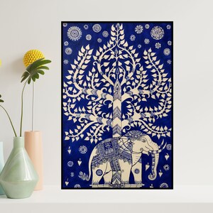 May include: A white elephant with intricate details stands in front of a white tree with a blue background. The tree is surrounded by small white circles. The elephant is decorated with geometric patterns. The background is a deep blue color.