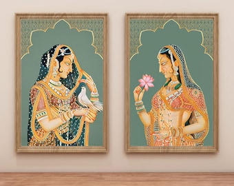 Set of 2 Indian Folk Art, Royal Princess with Pigeon, Mughal Art, Indian Royal Queen, Indian Printable Wall Art, Indian Lady Wall Art, Rani