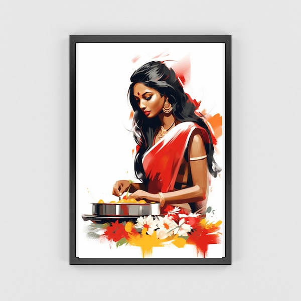 Indian Wall Art, Woman In Saree Art, Desi Art, South Asian Art, Indian Art, Brown Girl, Indian Modern Woman Art, Indian Lady Painting