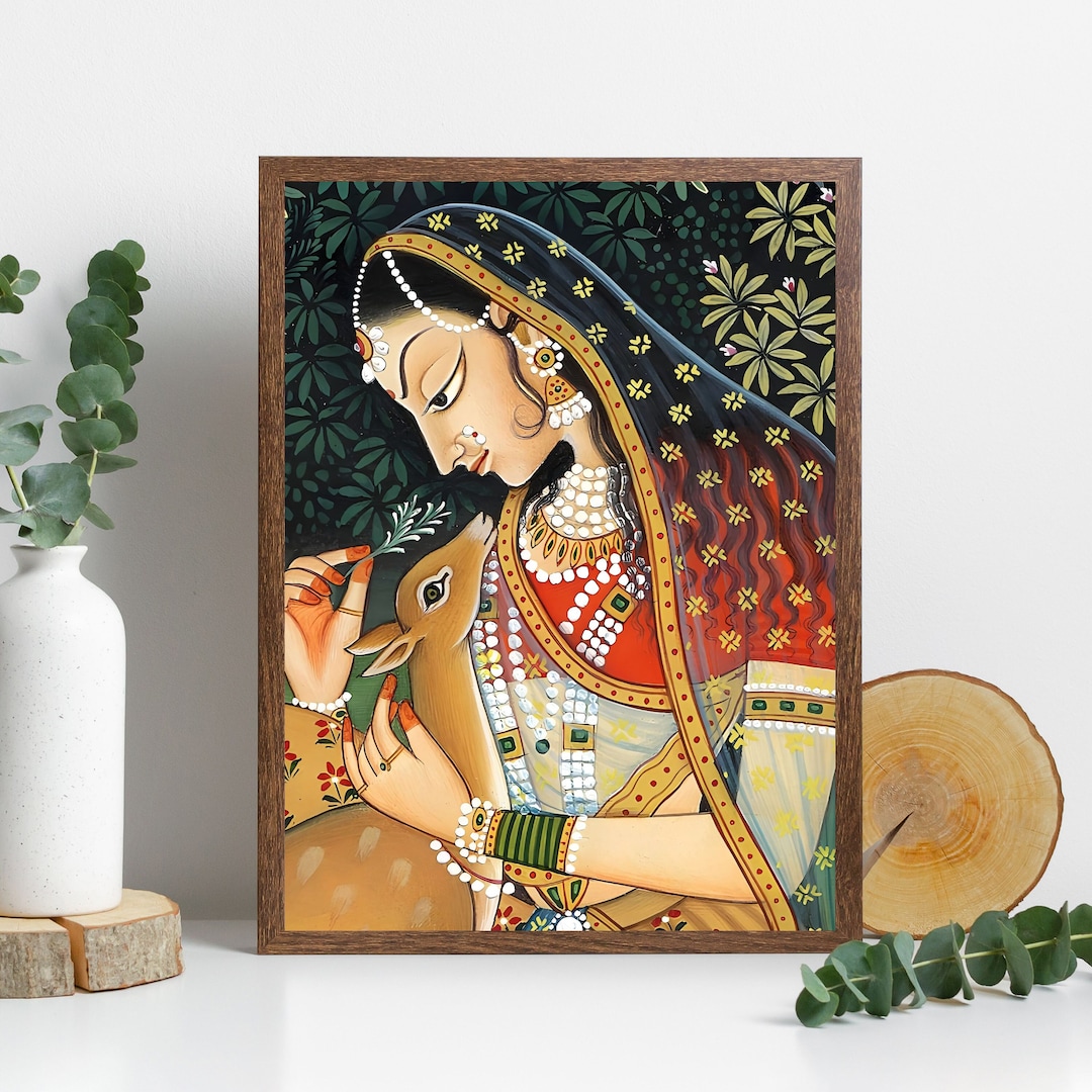 Indian Folk Art, Royal Princess With Deer, Mughal Art, Indian Royal ...