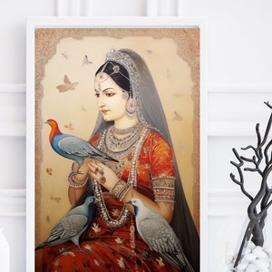Puede incluir: Una pintura de una mujer con un sari rojo y dorado, que lleva un velo y joyas. Est&aacute; sosteniendo un p&aacute;jaro azul y rojo en sus manos, y otros dos p&aacute;jaros est&aacute;n posados en sus brazos. El fondo es de color marr&oacute;n claro con un dise&ntilde;o floral.