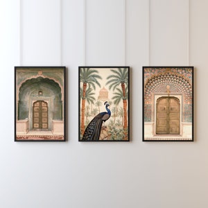 Indian Palace Door Set of 3, Indian Wall Art, Royal Poster, Indian Vintage Palace Door Art, Indian Travel Posters, Indian Peacock Palace Art
