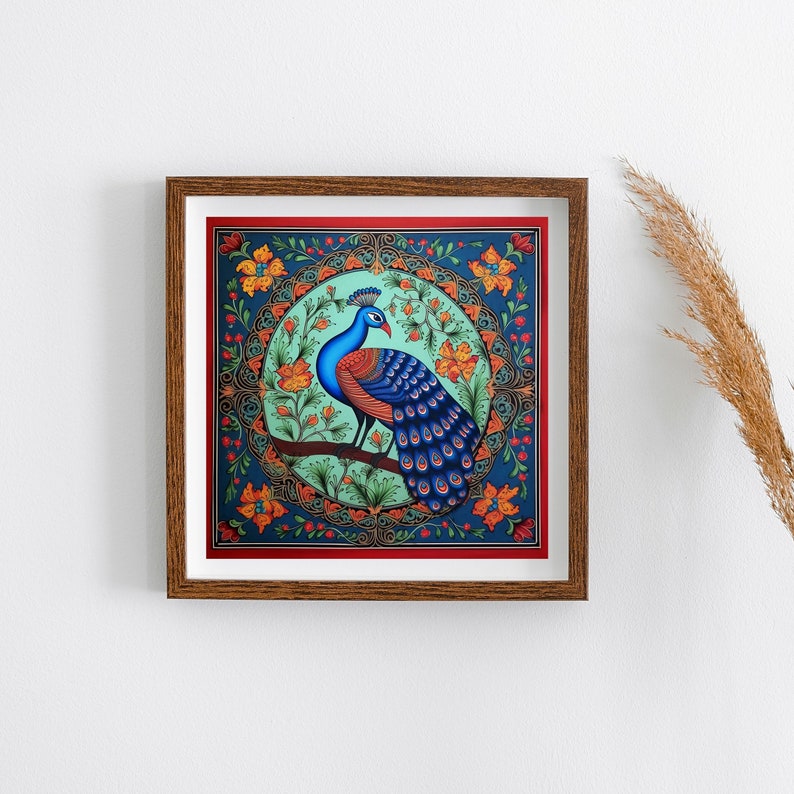 May include: A framed illustration of a peacock with blue and green feathers, standing on a branch in a colorful floral design. The frame is brown wood.