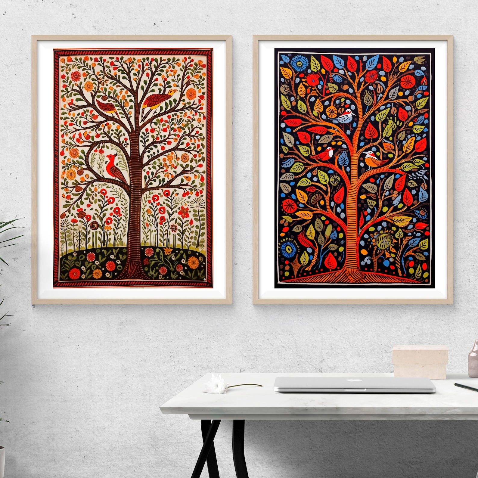 Madhubani Painting, Tree of Life , Set of 2, Indian Wall Art Print ...