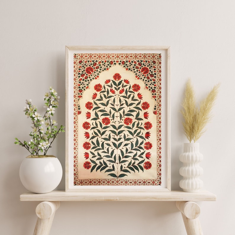 Pichwai Indian Floral Art, Vintage Floral Art, Indian Painting, Indian Folk Art, Mughal Wall Art, Pichwai Art, Tree of Life, Boho Wall Art image 4