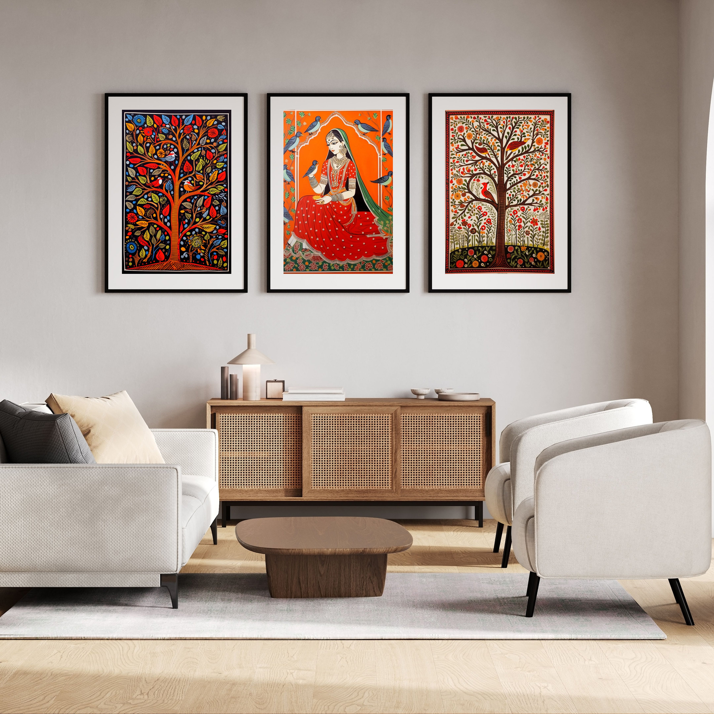 Madhubani Painting, Tree of Life Set of 3, Indian Wall Art Print ...
