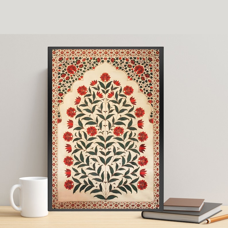 Pichwai Indian Floral Art, Vintage Floral Art, Indian Painting, Indian Folk Art, Mughal Wall Art, Pichwai Art, Tree of Life, Boho Wall Art image 1