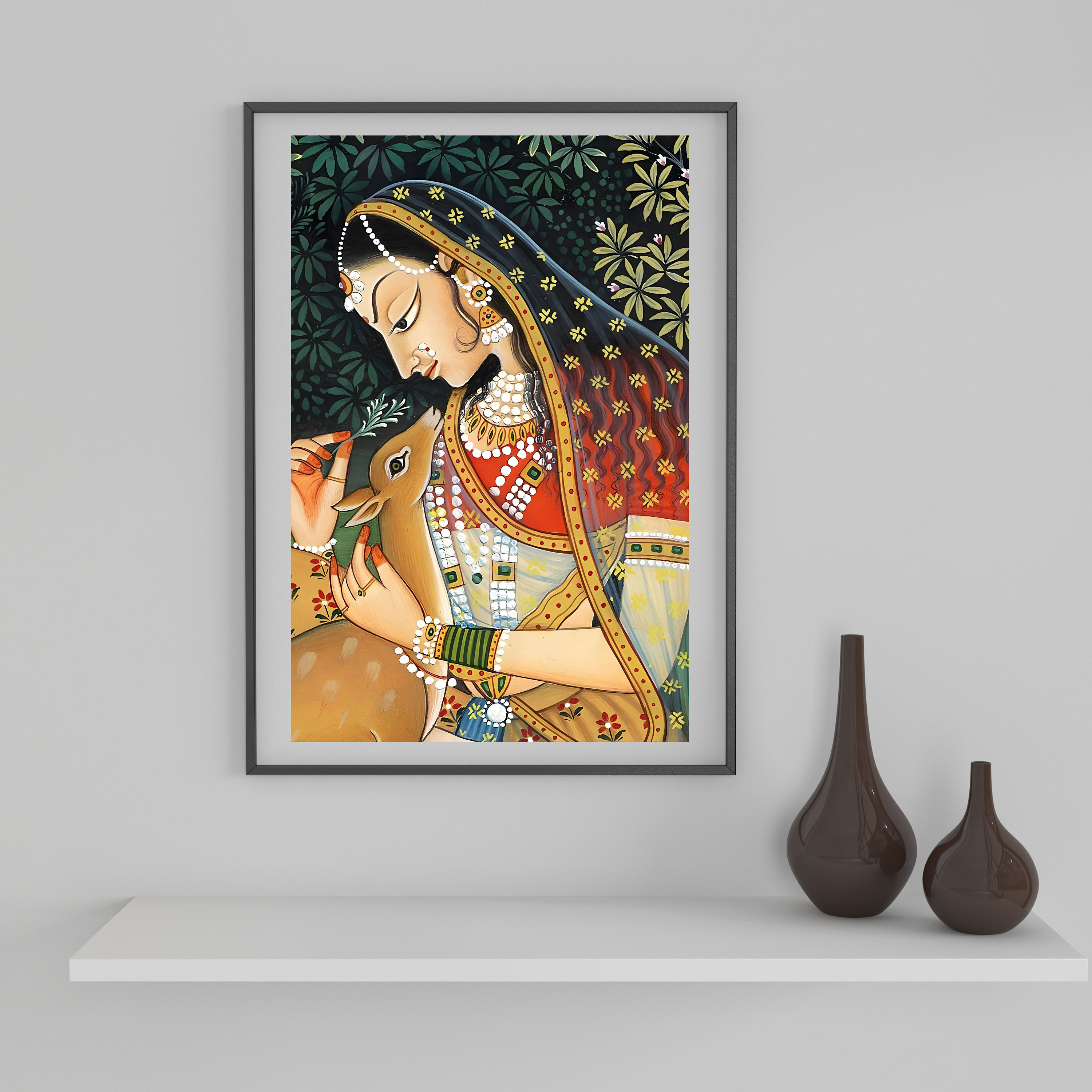 Indian Folk Art, Royal Princess With Deer, Mughal Art, Indian Royal ...