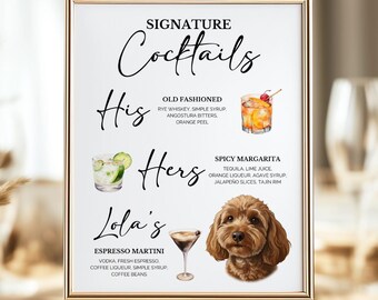 His & Hers Dog Signature Drink Sign: Personalized Cocktail Menu with Pet Portrait