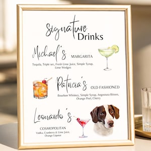 Dog Signature Drink Sign, Pet Signature Cocktail Sign, Cat Signature Drink Sign, Custom Cocktail Bar Menu with Pet Portrait + Name