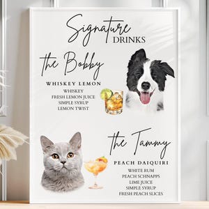 Custom Dog Signature Drinks Menu Card, Unique Pet Wedding Cocktail Sign featuring Pet Portrait, Name, Watercolor Drink Images + Custom Text