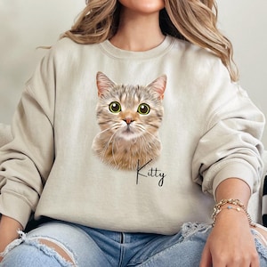 Personalized Cat Sweater with Cat Portrait from Photo + Name, Custom Dog Mom Sweatshirt, Personalized Pet Sweatshirt, Custom Dog Sweater