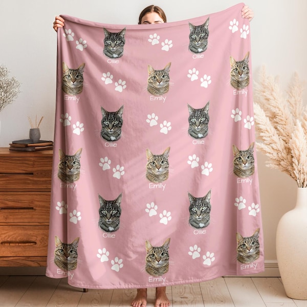 Custom Cat Blanket with Cat Portrait, Personalized Pet Blanket, Cat Photo Blanket with Name