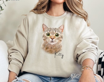 Personalized Cat Sweater with Cat Portrait from Photo + Name, Custom Dog Mom Sweatshirt, Personalized Pet Sweatshirt, Custom Dog Sweater