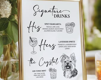 His and Hers Signature Drink Sign with Dog Portrait