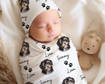 Coperta personalizzata con ritratto di cane - Regalo personalizzato per neonati, accessorio per foto di neonati, morbida coperta per genitori di animali domestici, berretto per neonati