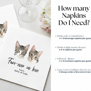 The image is a collage of two images. The left image features a set of white napkins with cat faces, while the right image shows a table with a glass of wine and a bouquet of flowers.