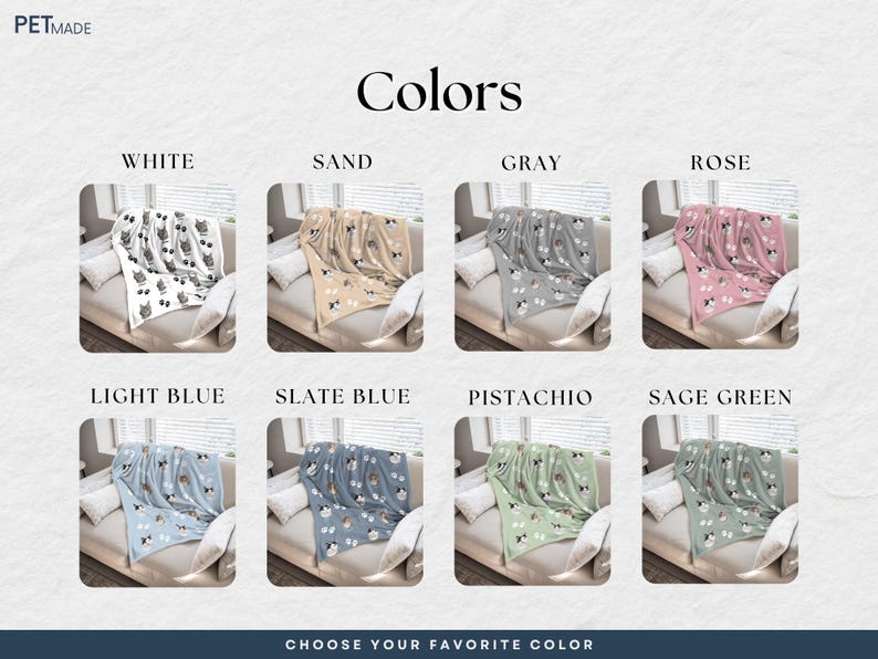 a selection of colored pet blankets, each with a different pattern and color, arranged in a grid format.