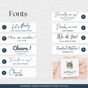 a list of various fonts, each with a different style and name, along with a small image of a cat. The fonts are labeled with numbers and descriptions, such as "Let's Party," "Drinks on us!" and "Just Married." The image features a cat, which is a common subject for wedding invitations or other graphic designs. The text in the image is minimalistic and straightforward, focusing on the fonts and their styles rather than providing detailed descriptions of each font.