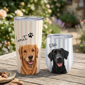 Striped Dog Tumbler using Photo and Name, Personalized Travel Mug, Pet Owner Gift