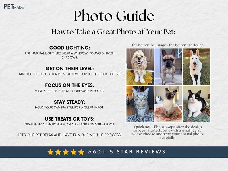 The image is a collage of six different photos of dogs, each with a caption providing tips on how to take a great photo of a pet.