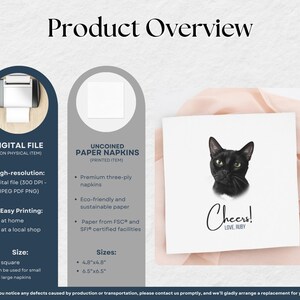 The image is a product overview for a digital file of paper napkins, featuring a black cat image and a paper napkin with a message.