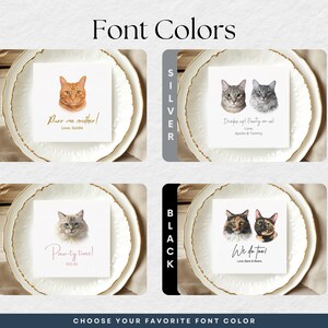 a collection of four different font color options for a design, with each option featuring a cat image on a white background.
