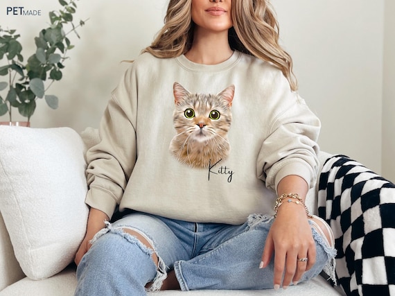 Personalized Cat Sweater with Cat Portrait from Photo + Name, Custom Dog Mom Sweatshirt, Personalized Pet Sweatshirt, Custom Dog Sweater