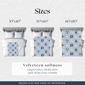 three different sizes of a velvet softness pet bed, each with a unique pattern of dog faces. The sizes are 30x40", 50x60", and 60x80" and are used as a reference for the actual size of the bed.