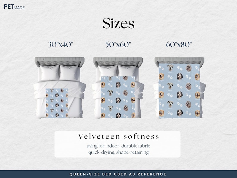 three different sizes of a velvet softness pet bed, each with a unique pattern of dog faces. The sizes are 30x40", 50x60", and 60x80" and are used as a reference for the actual size of the bed.