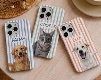 Custom Dog Portrait Case, Striped Watercolor Cat Cover, Pet Gift